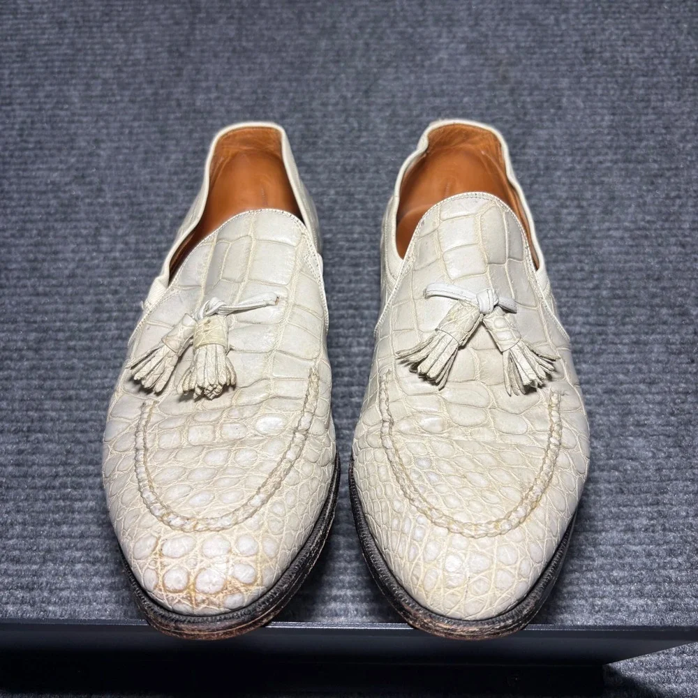 Vintage Ruben Morris Alligator Tassel Loafers Mens 9.5 D White Exotic Skin Shoes